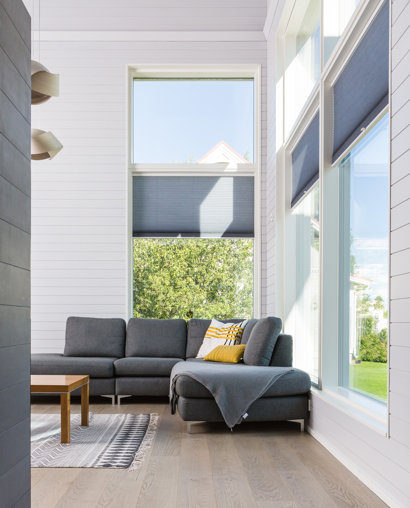 Contemporary lounge with high ceilings and large windows fitted with dark pleated blinds, offering light control and a view of the garden.