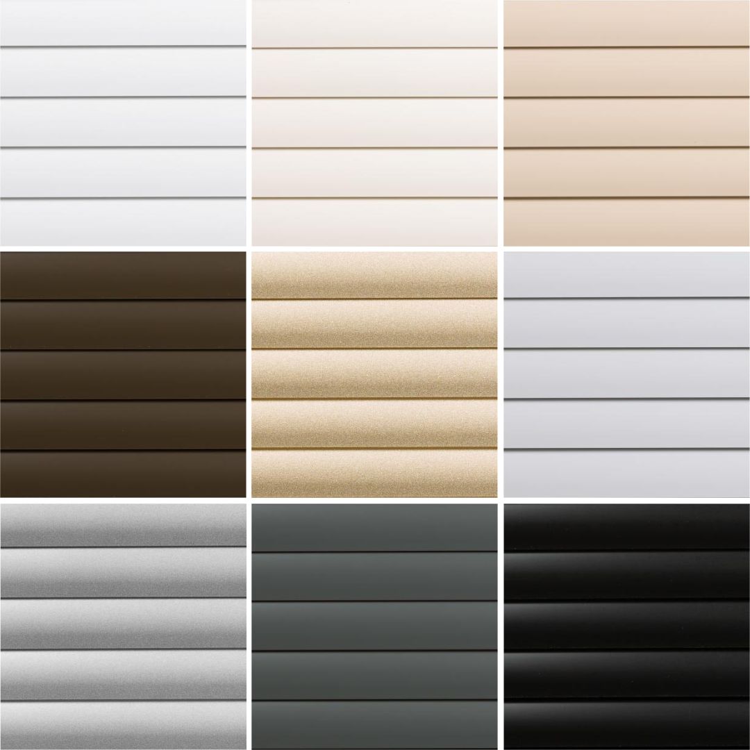 Grid of venetian blind colour samples in various shades, from light neutrals to dark tones and metallic finishes
